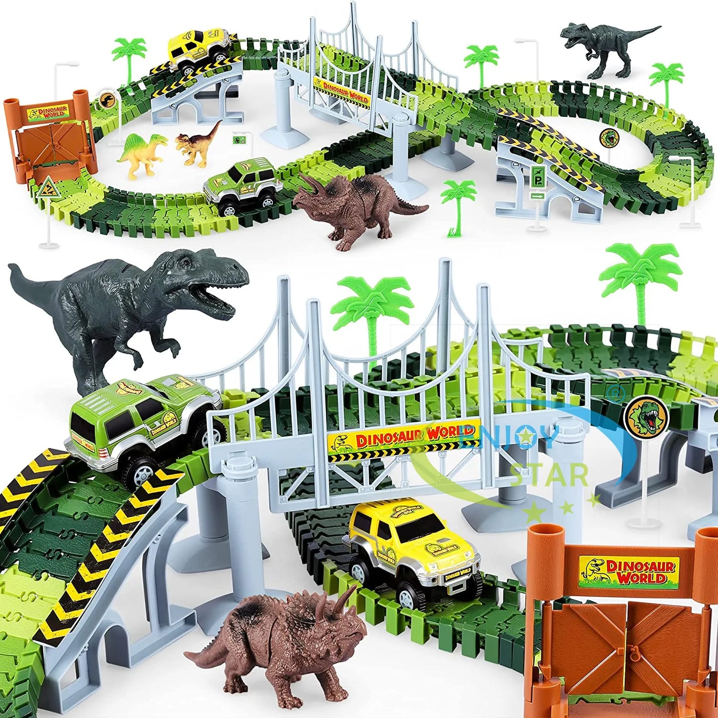 156pcs Dinosaur Railway Car Track Toy Set DIY Assemble Road Race Set with Flexible Track Dinosaur Toys Bridge Ramps Toys for Kid