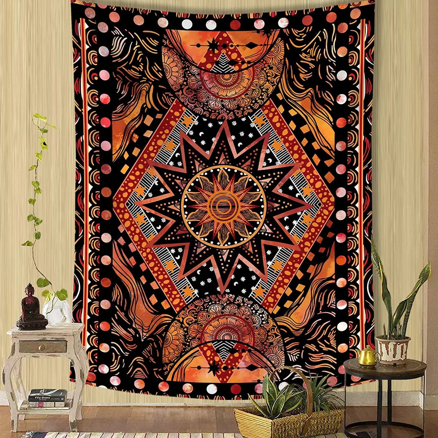 Orange Sun and Moon Tapestry Wall Hanging Indie Hippie Mandala Cool Wall Tapestries Aesthetic Tapestry for Bedroom Living Room