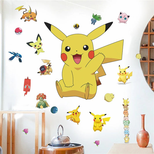 Cartoon Pikachu Wall Stickers For Kid's Rooms Kindergarten Living Room Bedroom PVC Wall Decoration Animated Poster Bedroom Decor