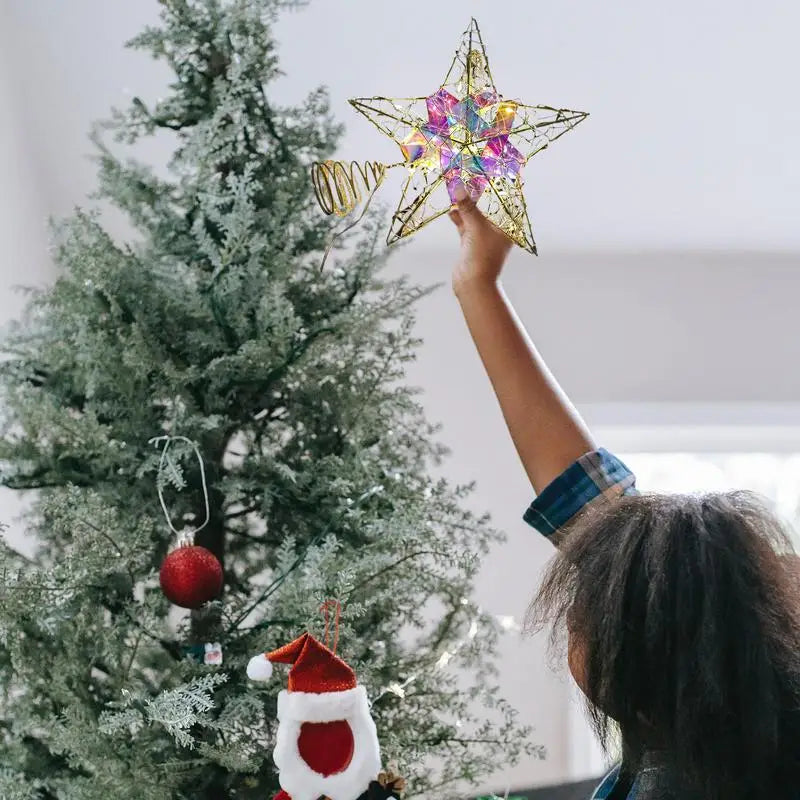 Christmas Tree Topper Star Glittered Tree-Top Star For Christmas Metal Decorative Star With Light For Christmas Tree Party