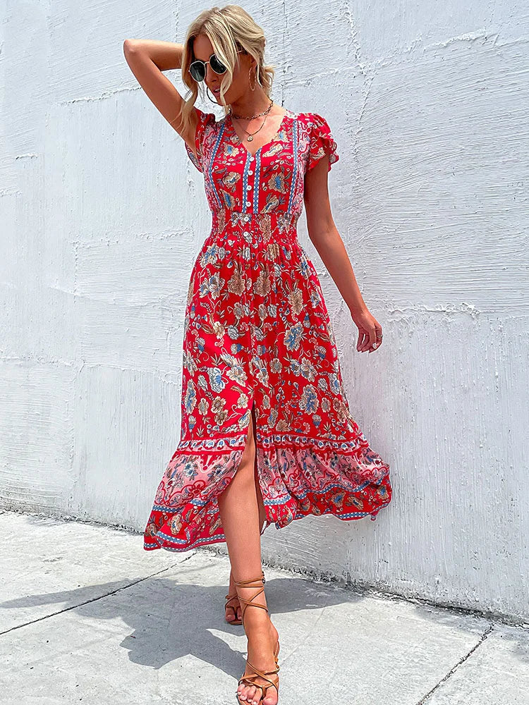 Vintage Floral Boho Printed Vestidos Women Short Sleeves V Neck Slit Midi Dresses A Line Bohemian Summer Beach Dress