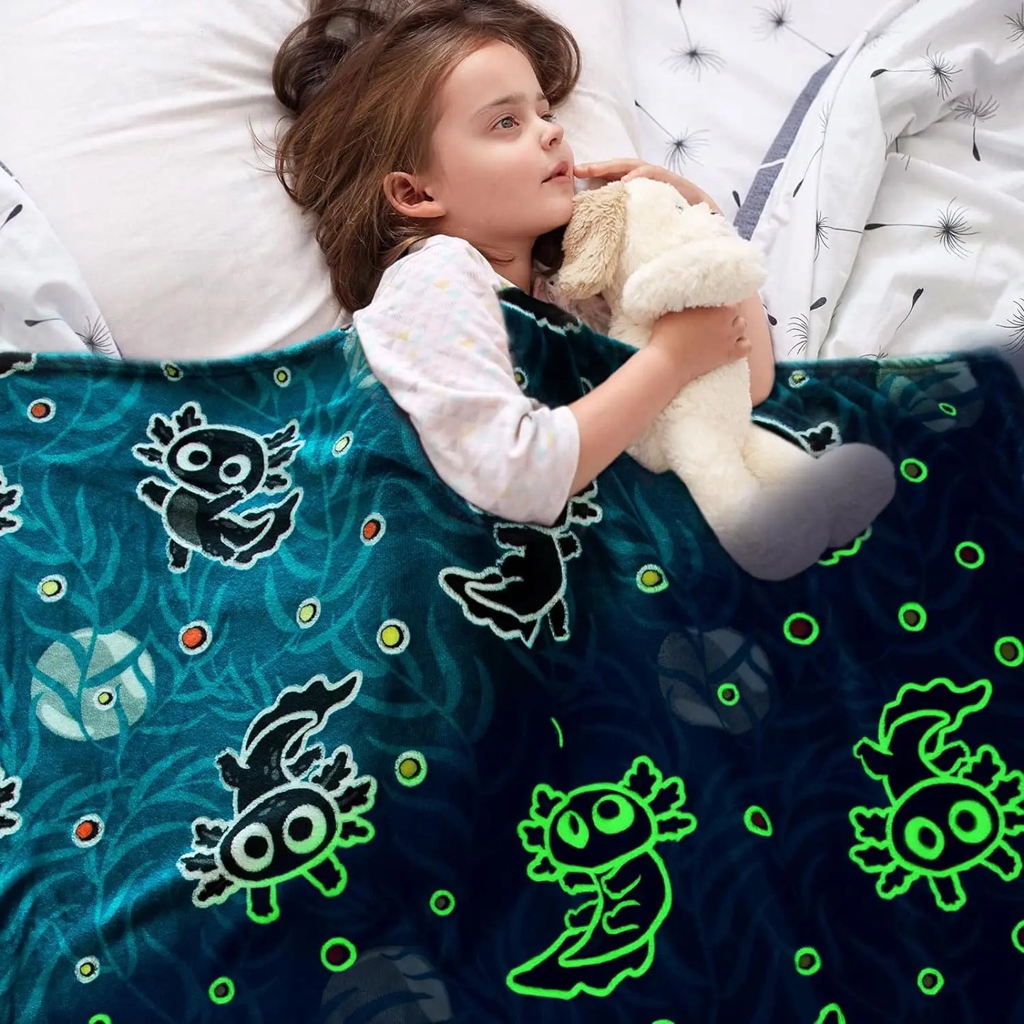 50*60 inches soft cute cartoon luminous creatures and toys pattern glow in dark throw blanket Gift for Girls