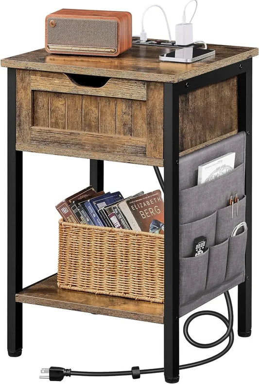 Wood Bedside Table with Drawer&Shelf,Bedside Cupboard with 2USBOutlets,Steel-Framed Bedside Cabinet with Storage Bag for Bedroom