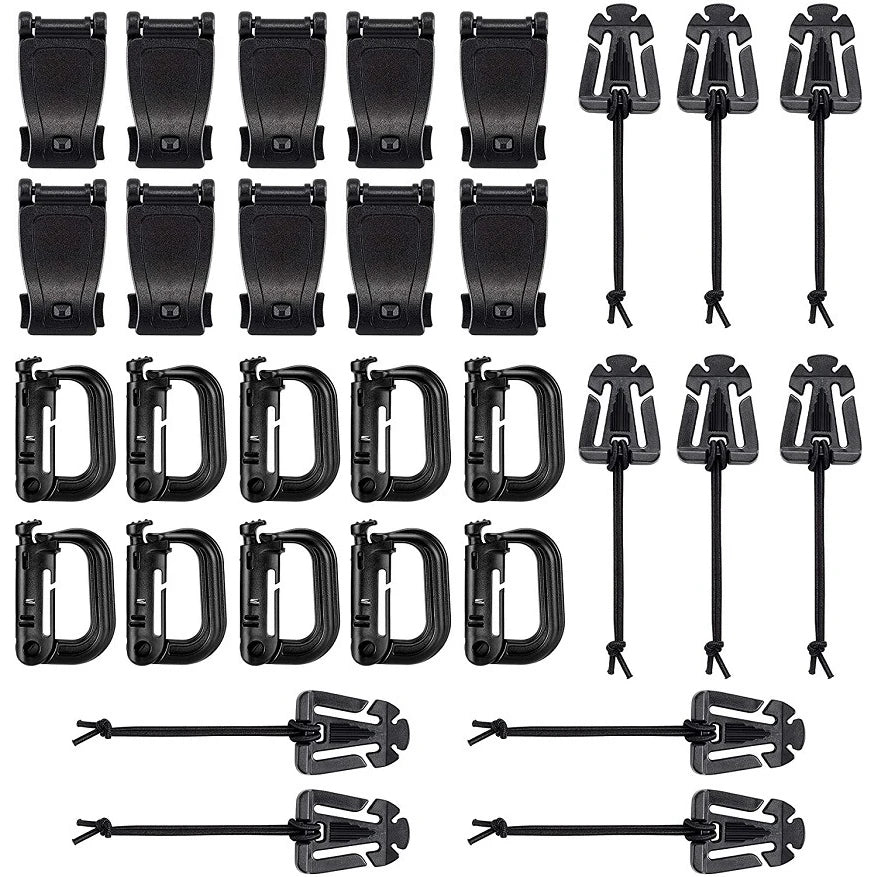 30Pcs Molle Attachments Kit Tactical D-Ring Grimloc Locking Gear Clip Web Dominator Elastic Strings Buckle for 1" Molle Webbing