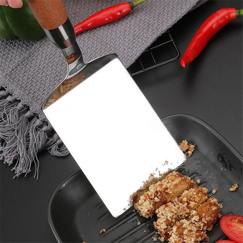 Stainless Steel Square Head Steak Cooking Spatula Wood Handle  Pizza Shovel Pancake Beef Turner Scraper BBQ Utensils For Kitchen