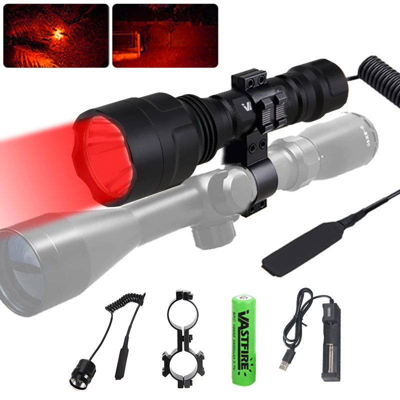 C8 Professional Tactical Flashlight Green/Red/White LED Hunting Torch 1-Mode Torch+18650+Charger+Remote Switch+Rifle Scope Mount