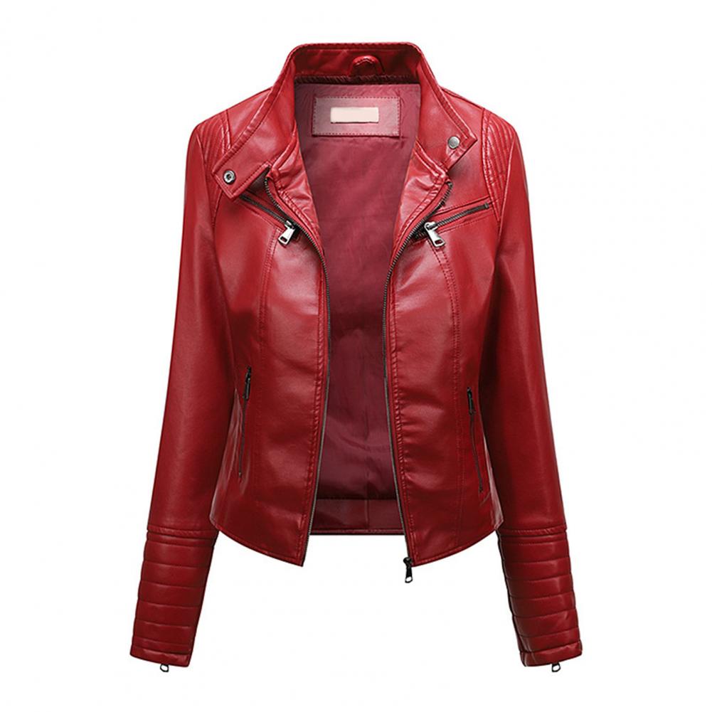 Women Leather Jacket Autumn Outwear Solid Color Slim Fit Faux Leather Jacket Stand Collar Long Sleeve Pockets Zipper Biker Coat