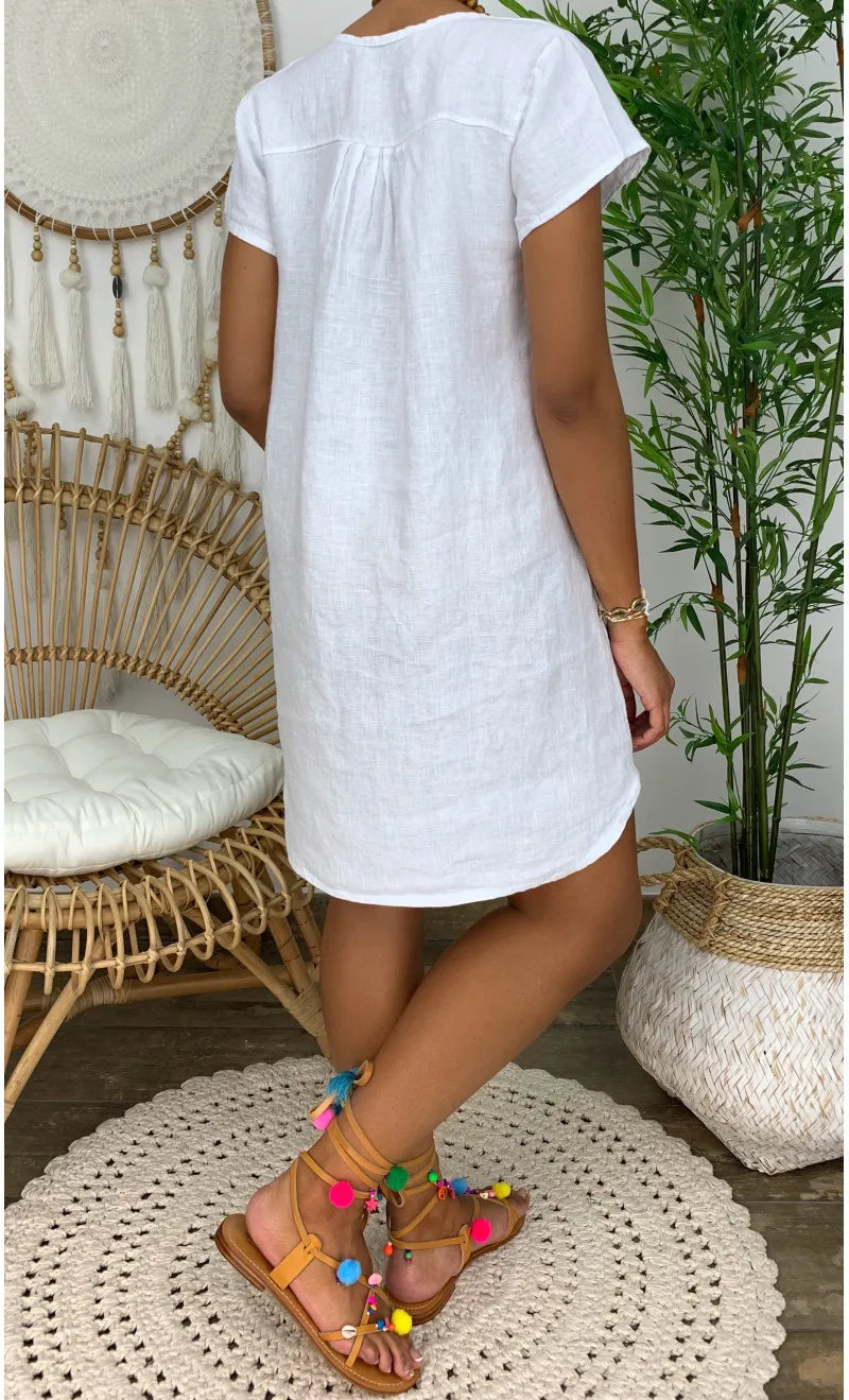 Plus Size 4XL 5XL Women Short Sleeve Dress Casual Loose V Neck Cotton Linen Mini Dress 2024 Summer Beach Sundress Female Dress