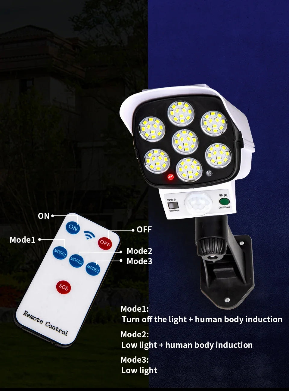 JVEE 77LED Solar Lights Outdoor Waterproof Motion Sensor Dummy Camera Spotlight Wall Street External Solar Lamp Garden Light