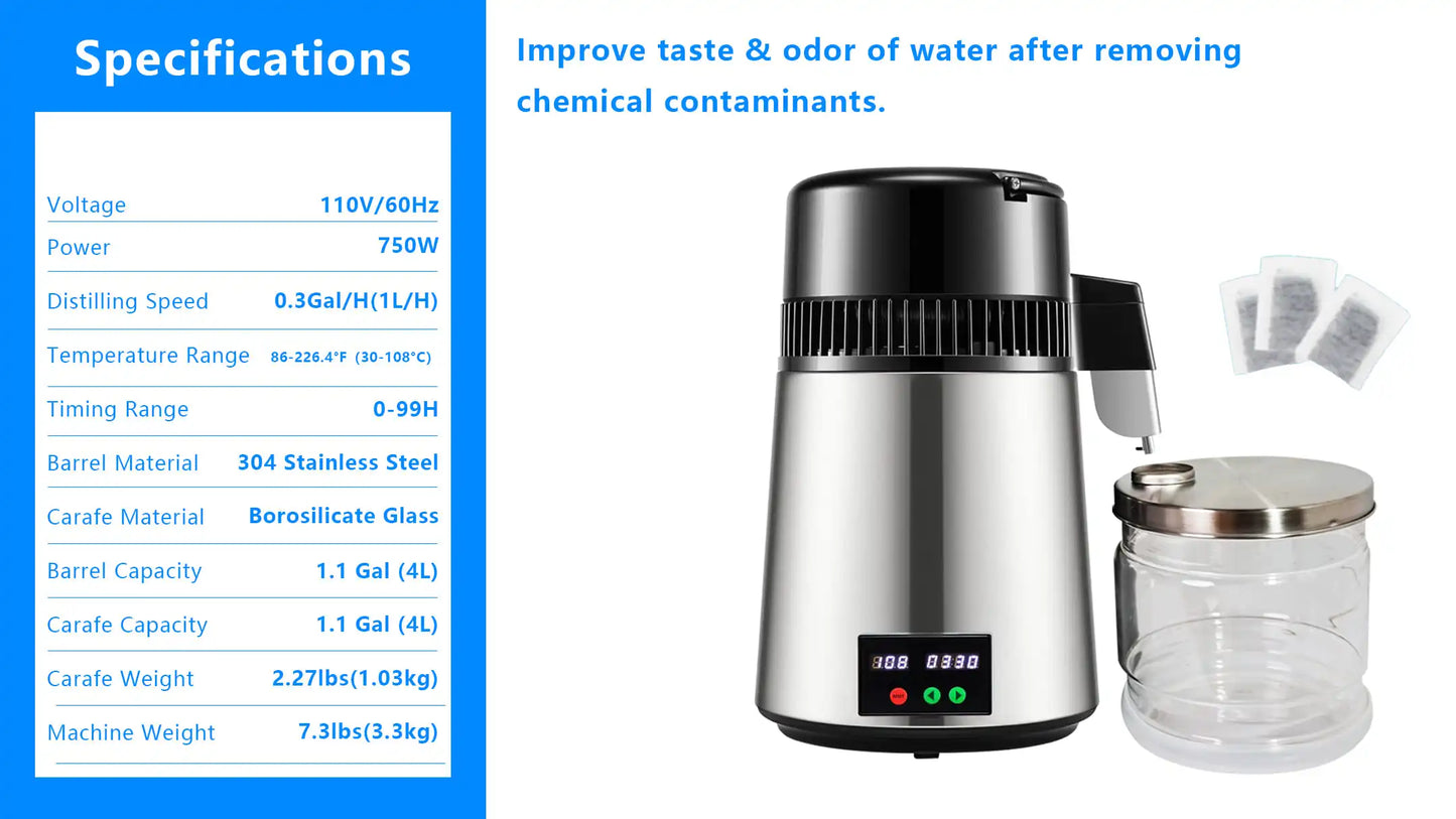 Water Distiller 4 L Distilled Water Maker 1.1 Gal Pure Water Distiller with Dual Temperature Display 750W Distilled Water Machin