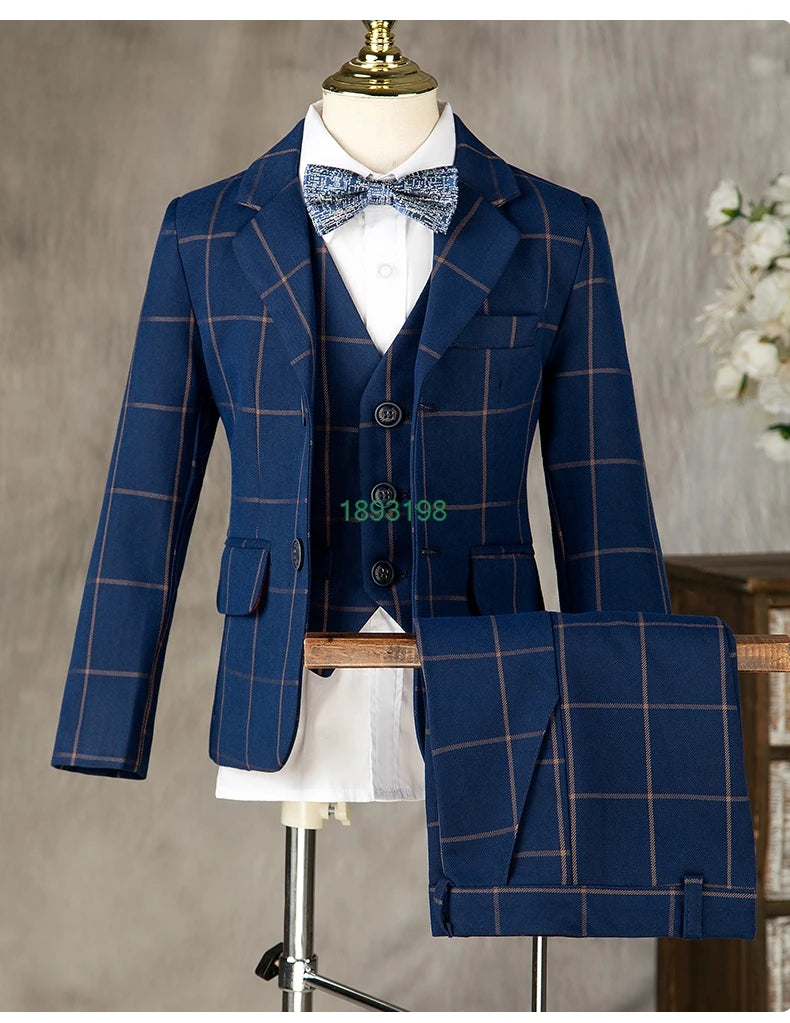 Boys Formal Navy Plaid Suits Set Children Host Piano Performance Birthday Party Photography Costume Kids Blazer Pants