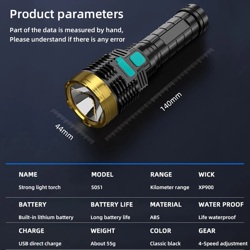 Outdoor Portable Flashlight Home Built-in Battery Rechargeable Multi-function Torch Super Bright ABS Strong Light Focusing Led