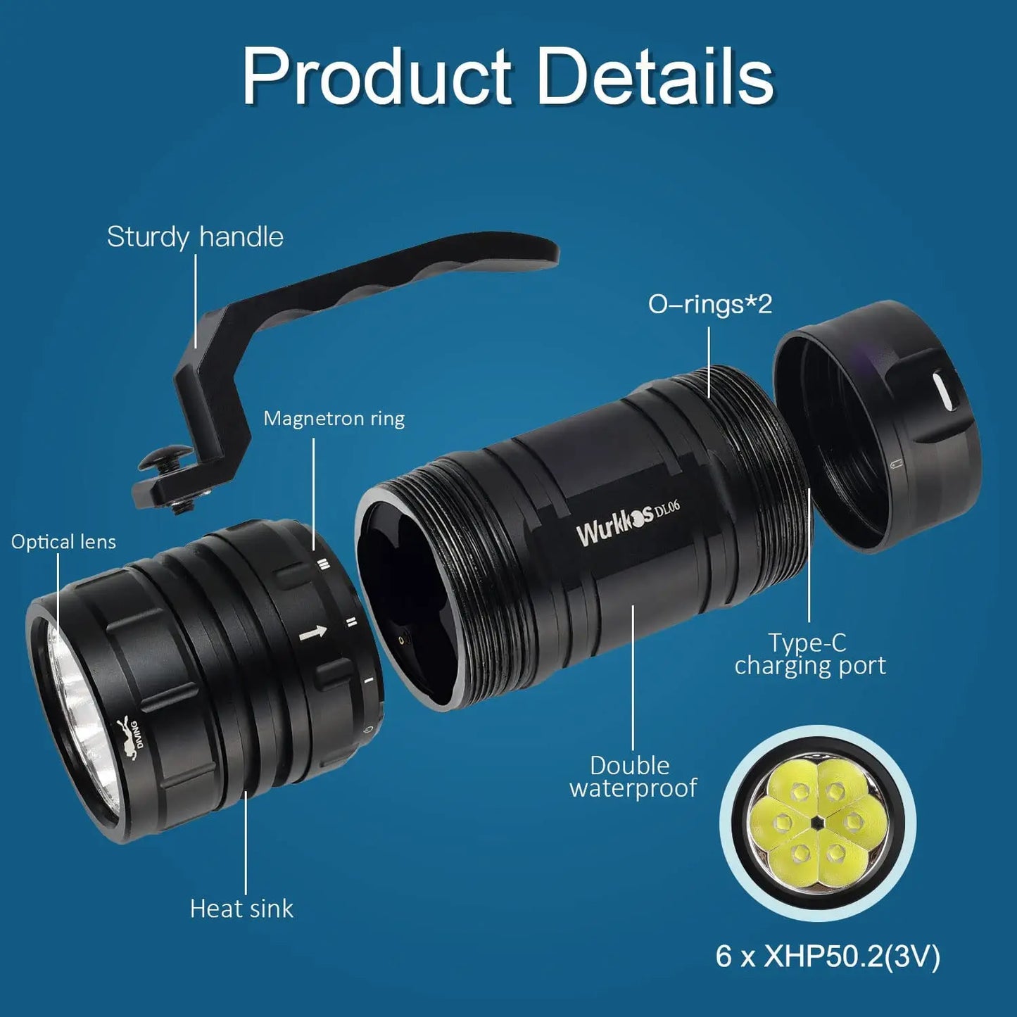 Wurkkos DL06 Professional Scuba Diving Flashlight IPX8 3*21700 Battery Super Bright 15000LM USB Reverse Charge 6 * XHP50.2