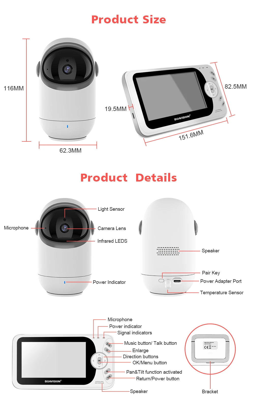 4.3 Inch Video Baby Monitor With Pan Tilt Camera 2.4G Wireless Two Way Audio Night Vision Security Camera Babysitter VB801