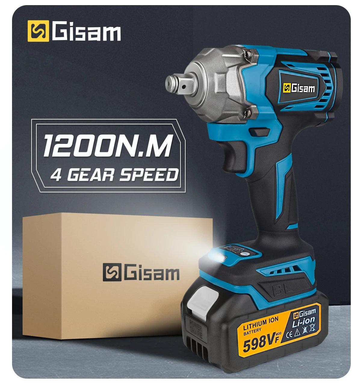 Gisam 1200N.M Torque Brushless Electric Impact Wrench 1/2 inch Cordless Wrench Screwdriver Power Tools For Makita 18V Battery