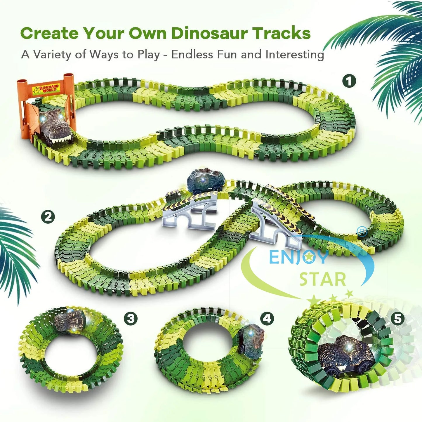 156pcs Dinosaur Railway Car Track Toy Set DIY Assemble Road Race Set with Flexible Track Dinosaur Toys Bridge Ramps Toys for Kid