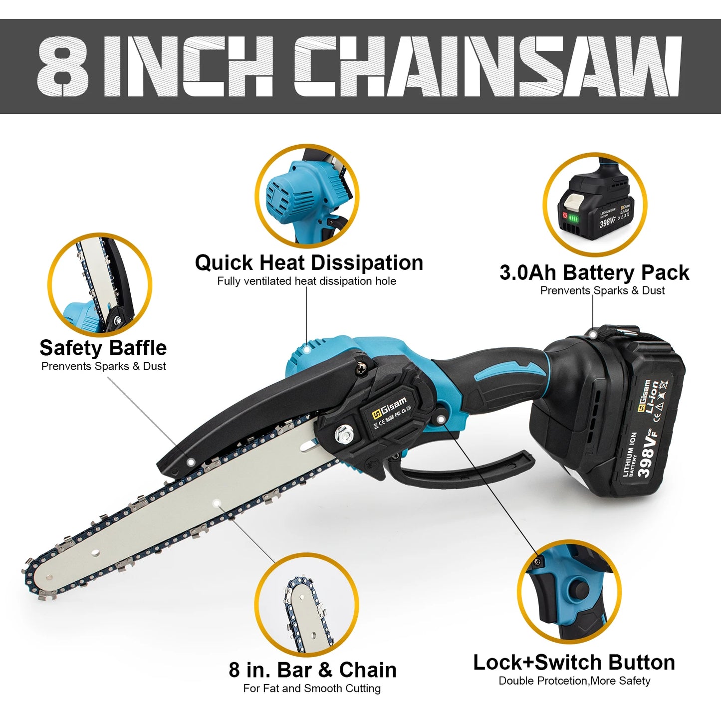 Gisam 8 Inch Brushless Electric Saw Cordless Chain Saw Handheld Garden Wood Logging Chainsaw Power Tools for Makita 18V Battery