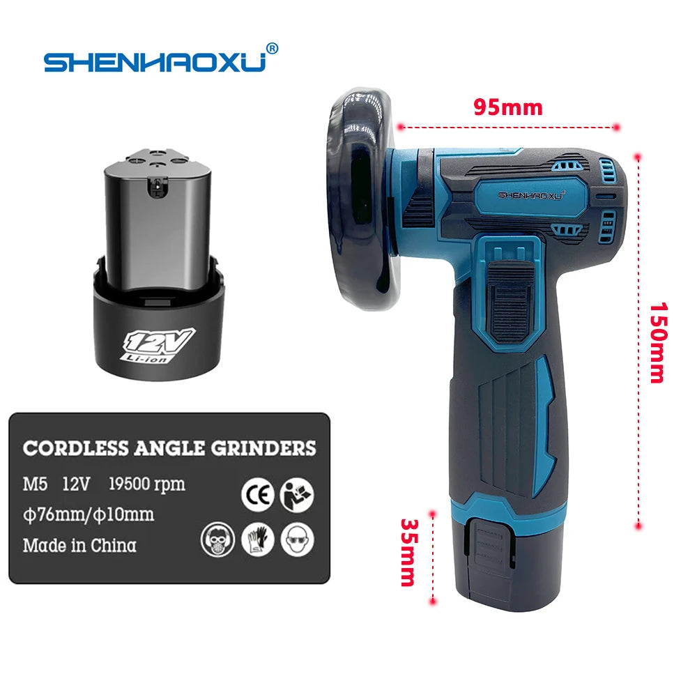 SHENHAOXU 12V Mini Angle Grinder Rechargeable Cordless Polishing Grinding Machine Diamond Cutting Electric DIY Power Tools