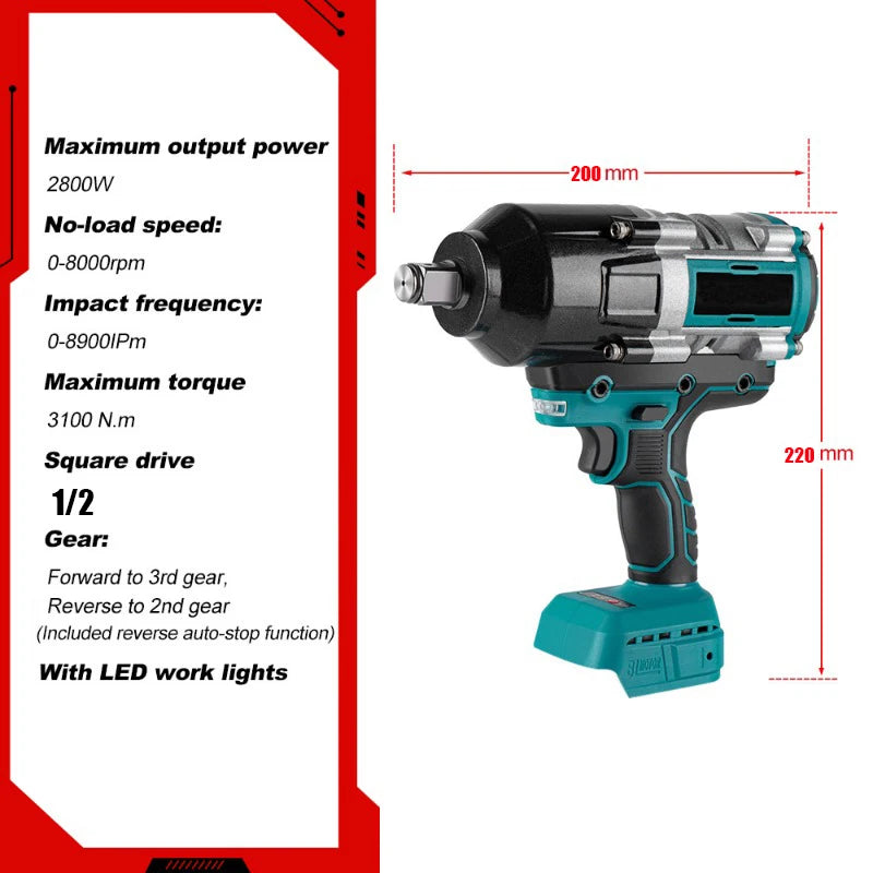 3100N.M High Torque Brushless Electric Impact Wrench Super Power Screwdriver Cordless Wrench Power Tools for Makita 18V Battery