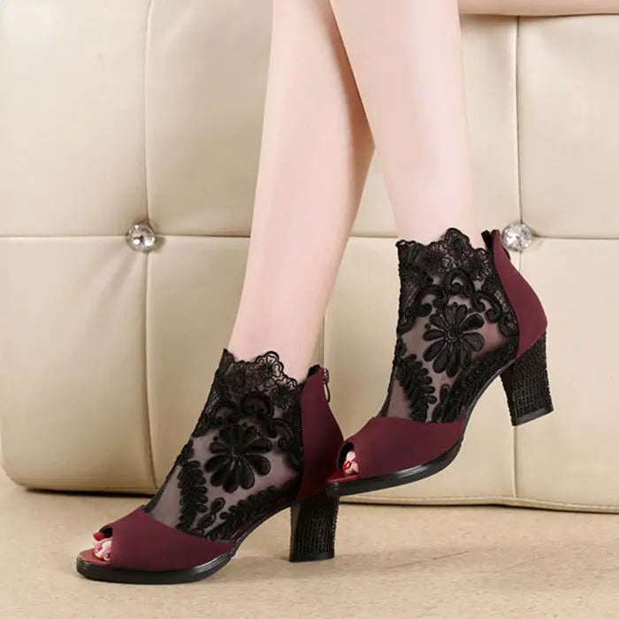 Women's Sandals Fish Mouth Shoes Mid-heel Large Size Women's Shoes Breathable Women's Shoes Lace Mesh High Heels 2023