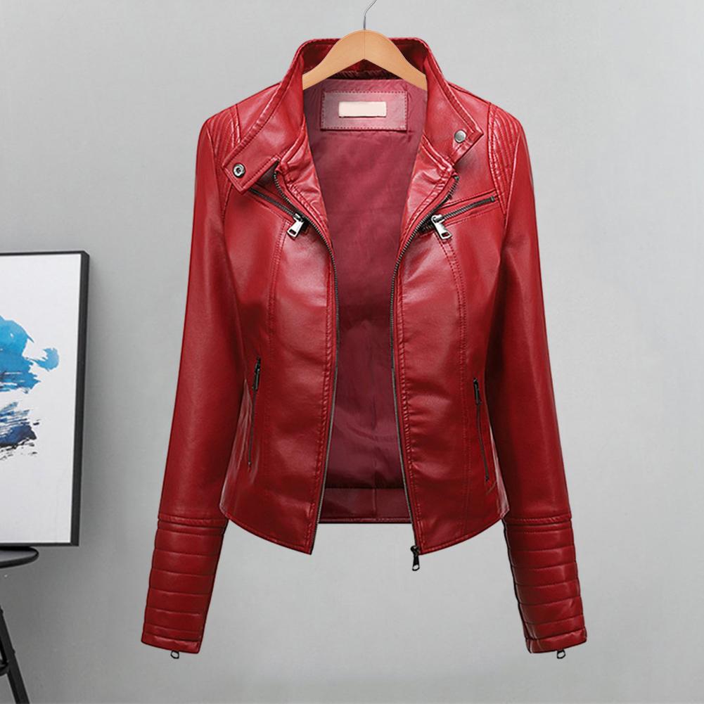 Women Leather Jacket Autumn Outwear Solid Color Slim Fit Faux Leather Jacket Stand Collar Long Sleeve Pockets Zipper Biker Coat