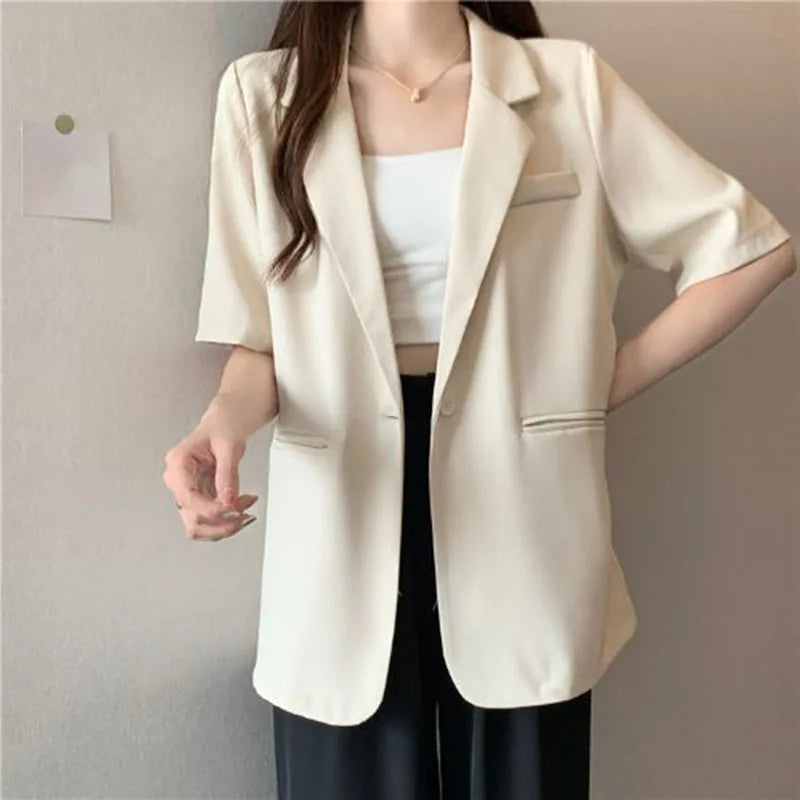 Thin Suit Jacket Women 2024 Summer Casual All Match Single Button Coat Woman Korean Style Loose Balck White Short Sleeve Jackets