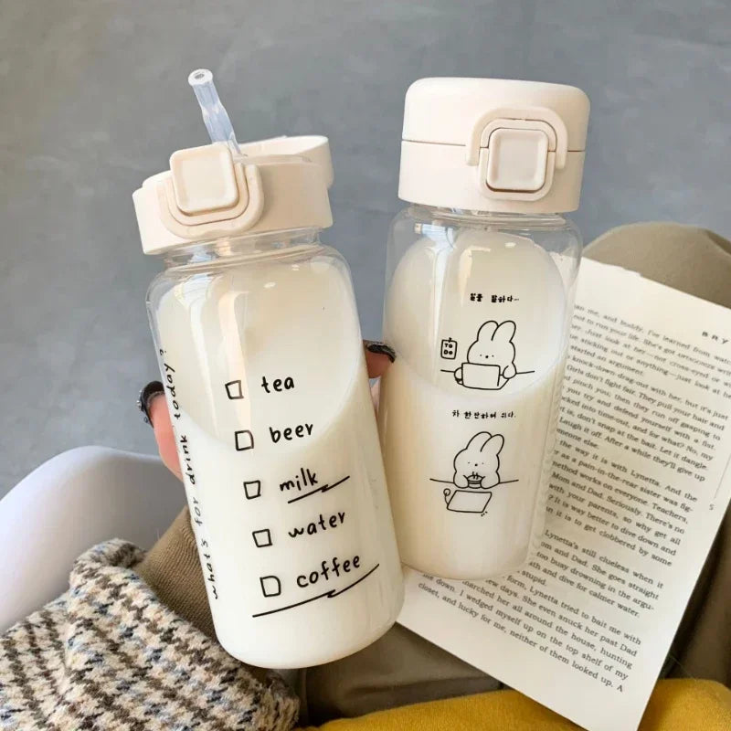 350ml Cartoon Water Bottle with Straw Cute Plastic Drinking Bottle Portable Leak-proof Drinkware for Drinking Milk Coffee Tea