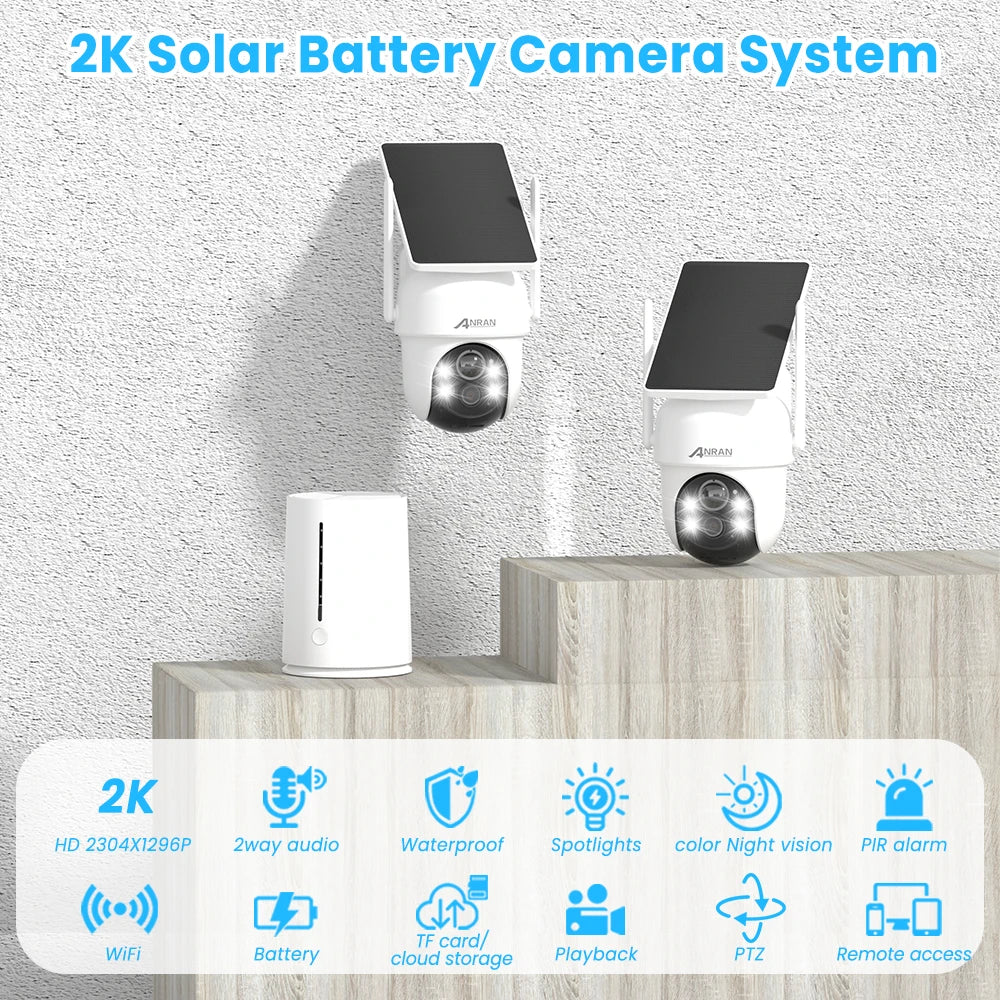 ANRAN 2K Wireless Solar Battery Camera Kit 360° PTZ Surveillance Security Outdoor Wifi Camera Set Humanoid Detection Siren Alarm