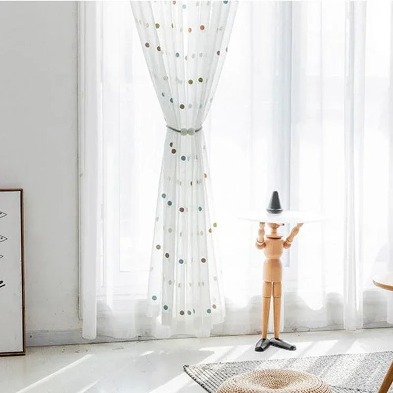 Colorful Dots Embroidered White Tulle Curtain for Kids Bedroom Living Room Modern Linen Sheer Voile Window Screen Panel ZH035H