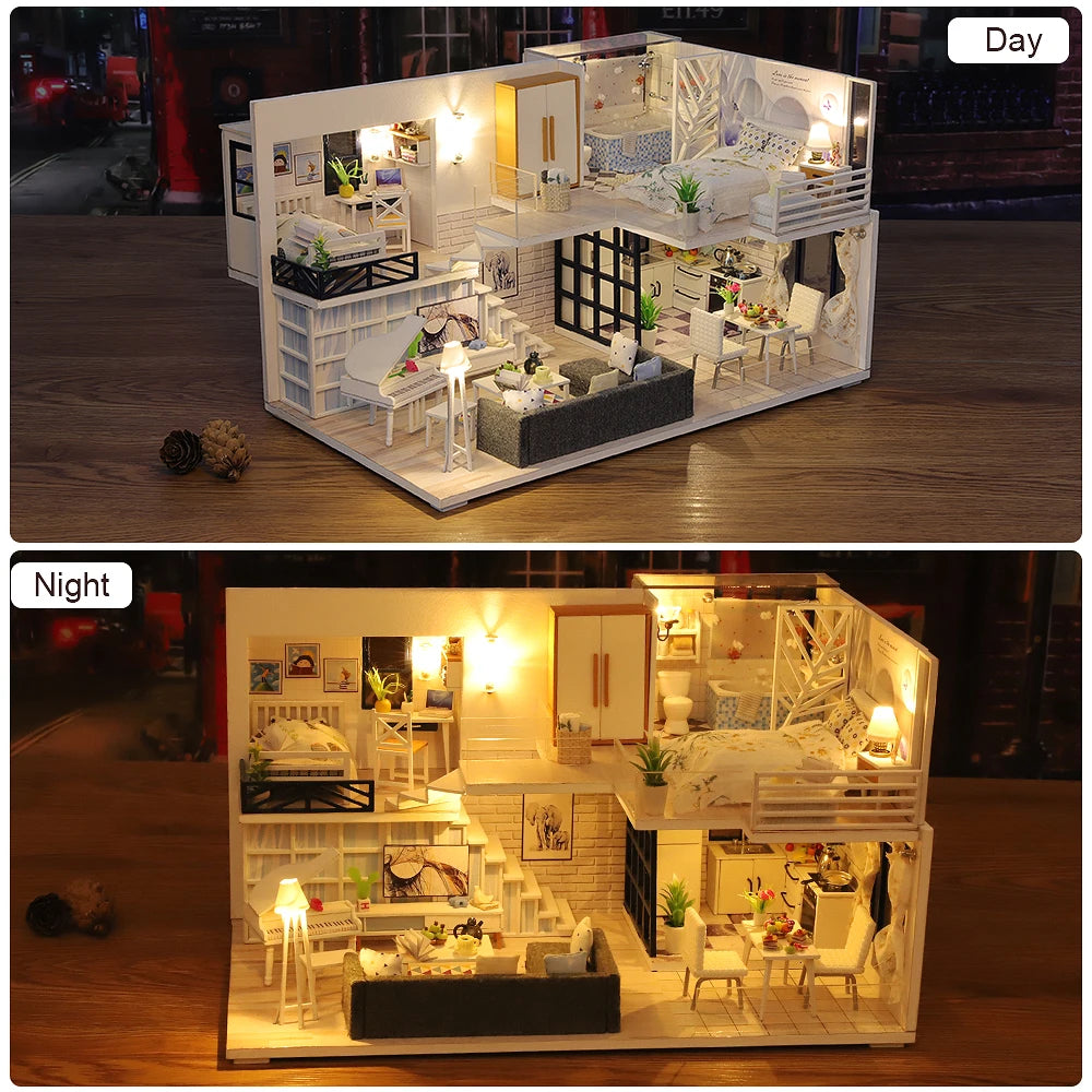 Assemble DIY Wooden House Dollhouse kit Wooden Miniature Doll Houses Miniature Dollhouse toys With Furniture LED Lights Gift