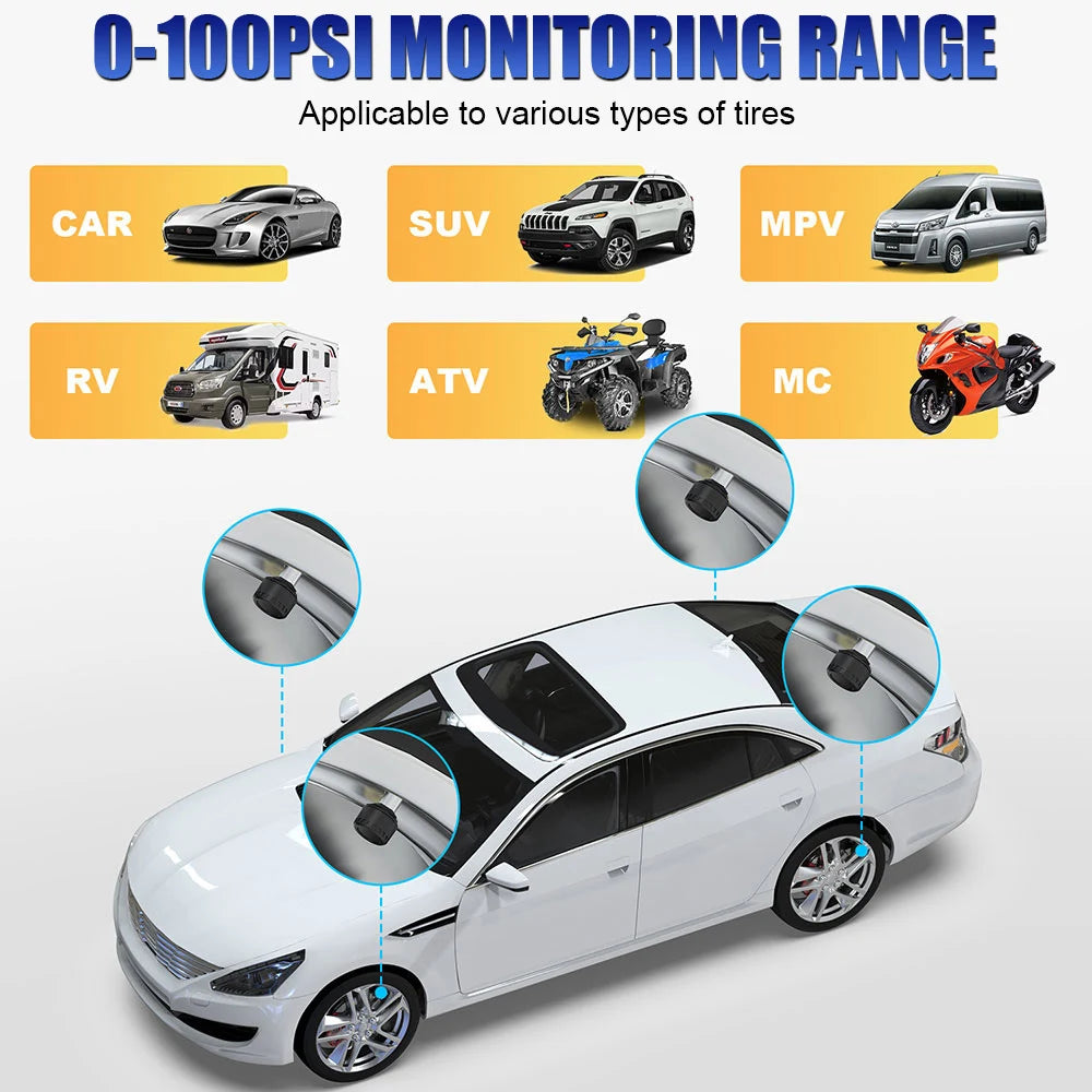 Bluetooth 5.0 Sensors Motorcycle TPMS 0-100PSI Car Tire Pressure Monitoring System For Android/IOS Tyre Tester Auto Accessrories