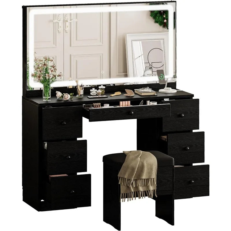 Vanity Desk Set with LED Lighted Mirror & Power Outlet, 7 Drawers Makeup Vanities Dressing Table with Stool, for Bedroom