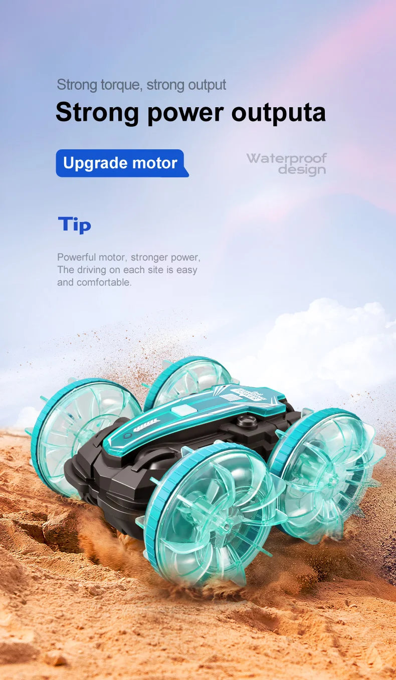 New LED Amphibious RC car Dual remote control waterproof stunt car double side flip drift drive 360 ° rotation rc cars Kids toy