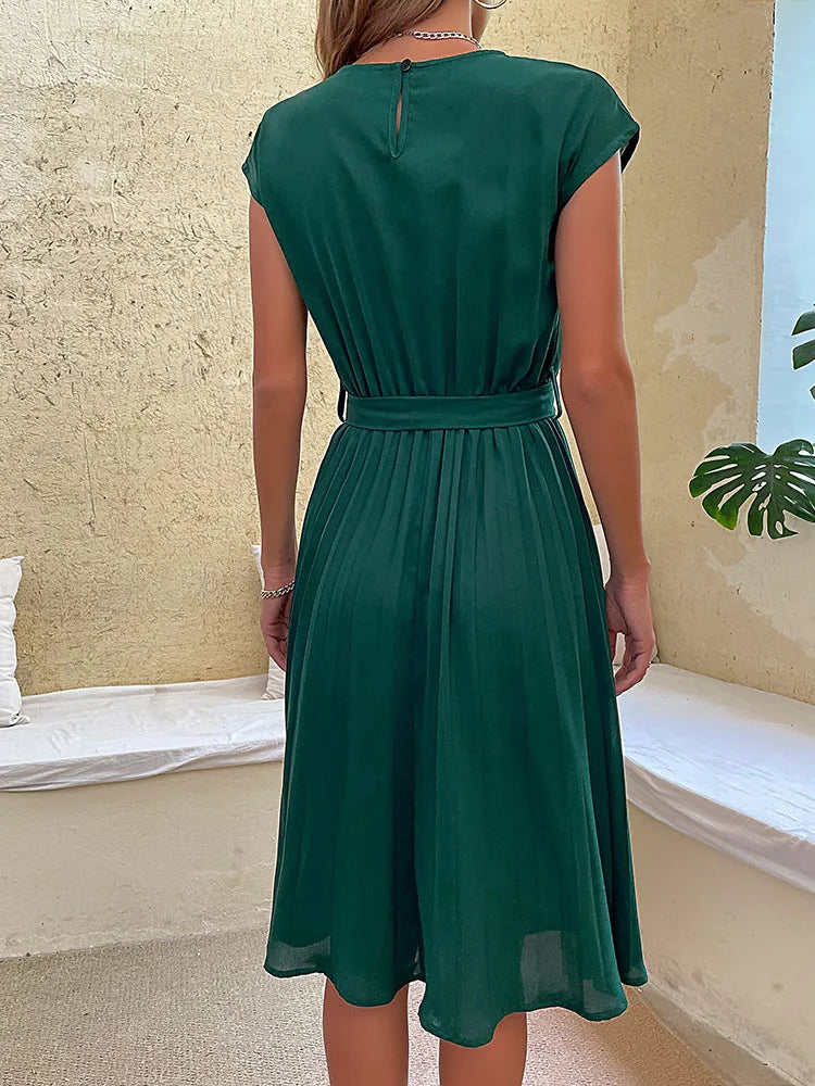 Elegant Women Summer Casual Beach Sundress Short Sleeve Pleated Midi Dress Soild Colour O Neck Tunic Dresses Fashion