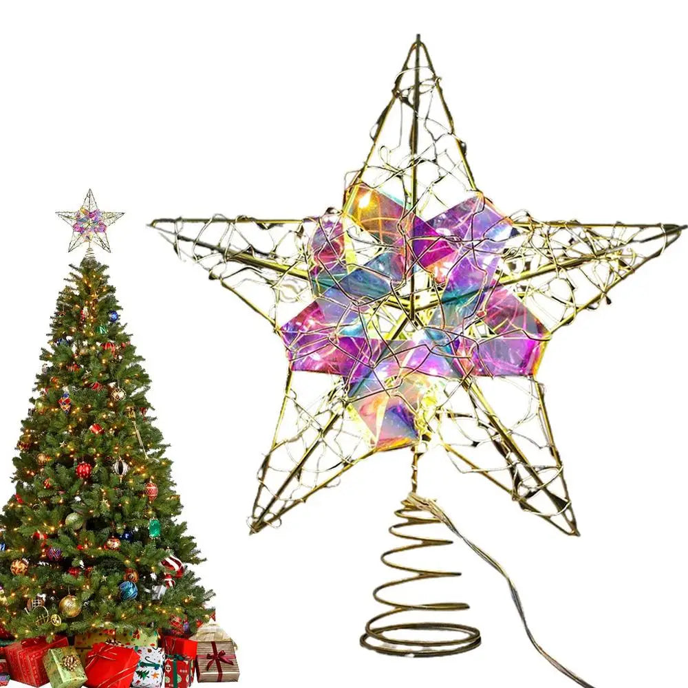 Christmas Tree Topper Star Glittered Tree-Top Star For Christmas Metal Decorative Star With Light For Christmas Tree Party