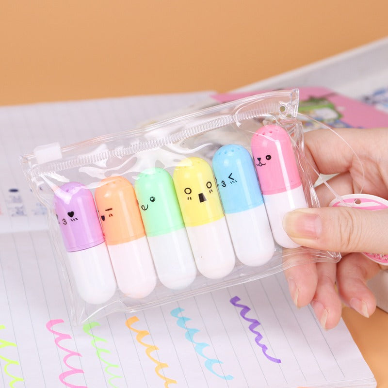 6 Pcs/lot Capsules Styling Highlighter Mini Pill Highlight Marker Color Cute Pens School Office Writing Painting Stationary