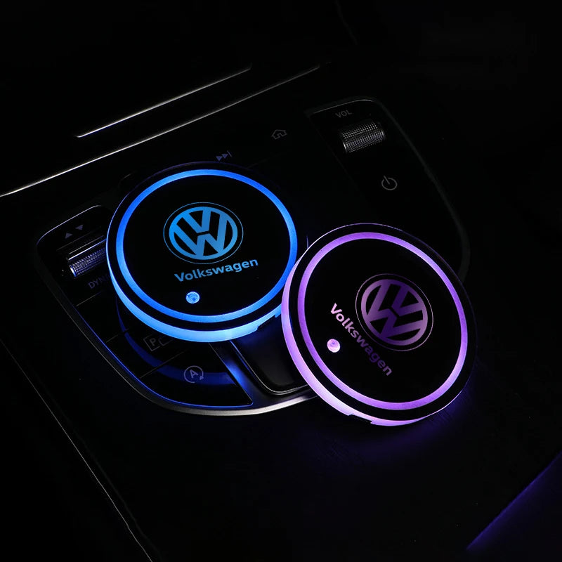 1PCS Led Car Cup Drink Holder Logo Light USB Charging Luminous Coaster For Volkswagen VW MTM Blue Motion Caddy Scirocco Golf 6 7