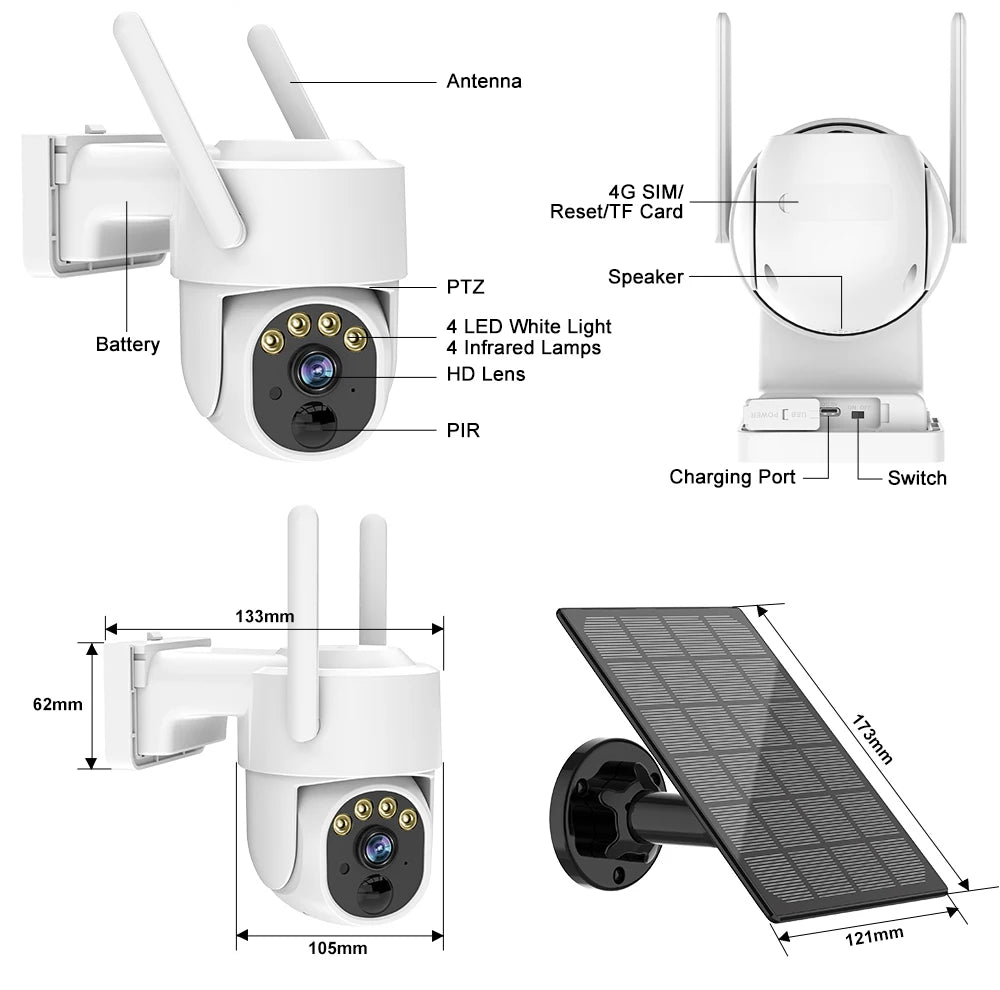 4G Ptz Camera 3MP Battery Camera with 5W Solar Panels 18000mAh Battery 4G SIM Card Surveillance Cctv Outdoor Security Protection