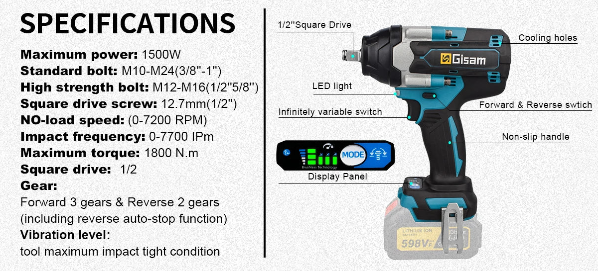 1800N.M Torque Brushless Electric Impact Wrench 1/2 inch Without Battery Cordless Wrench Power Tools For Makita 18V Battery