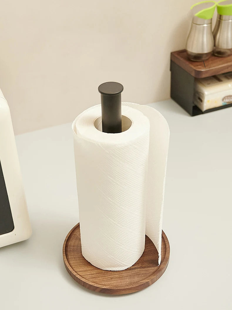 Modern Walnut Kitchen Roll Paper Holder Vertical Paper Towel Rack Shelf with Wooden Base Countertop Kitchen Metal Standing