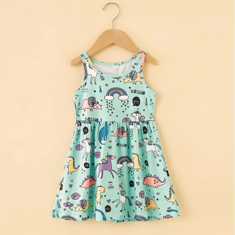 Sleeveless Printed Dress Milk Silk Material Comfortable and Good-looking A- line Skirt Kid's Slip Dress for Height 75-115cm Girl