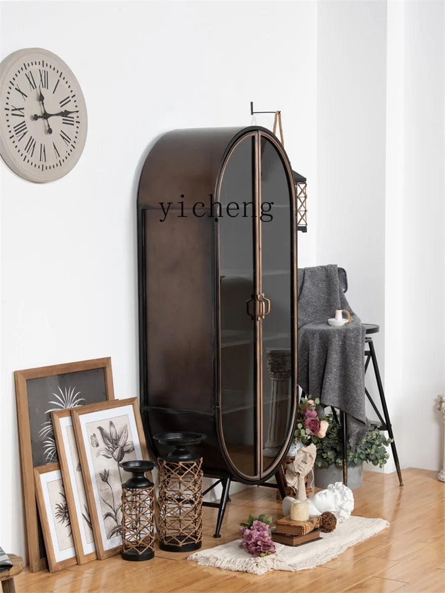 ZC Retro Iron Art Double Open Glass Door Oval Bookcase Arch Floor Storage Storage Cabinet