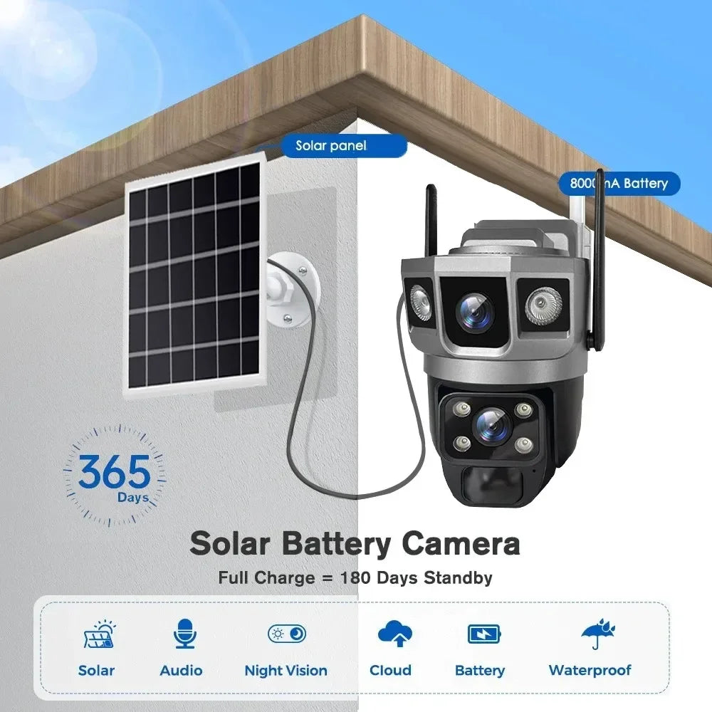 12MP Dual Lens Solar IP Camera Three Screen 4G 6K Camera 10X Zoom CCTV Outdoor PIR Night Vision Waterproof Home Surveillance Cam