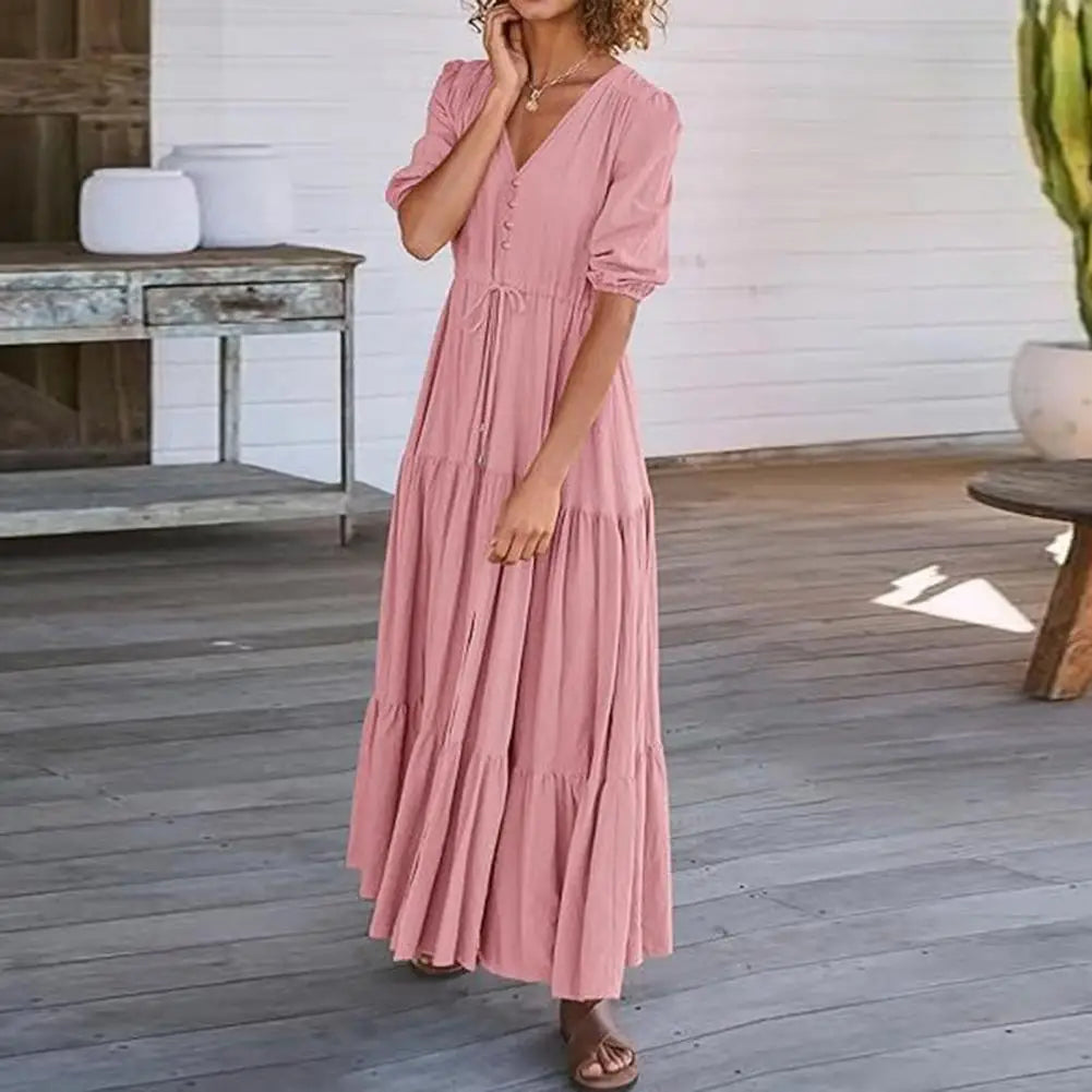 Women Summer V Neck Short Sleeve Cotton Linen Midi Dress Loose Elegant Party Long Beach Dresses Bohemian Maxi Sundress Vestidos