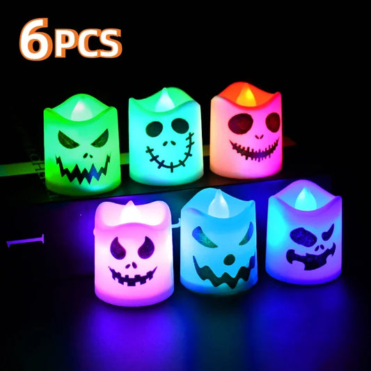 6Pcs/lot Led Halloween Ghost Pumpkin Candle Light Haunted House Horror Props Halloween Party Home Bar Decoration Multicolor Lamp