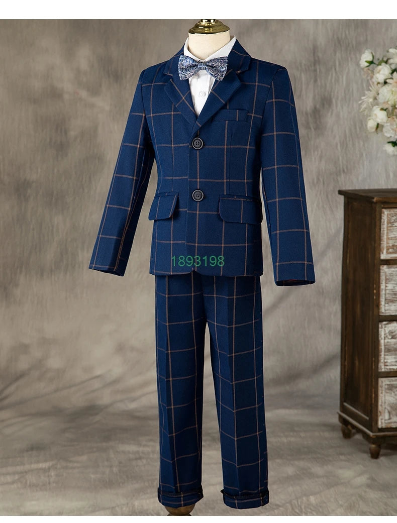 Boys Formal Navy Plaid Suits Set Children Host Piano Performance Birthday Party Photography Costume Kids Blazer Pants