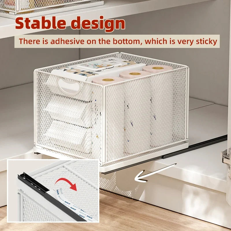 Kitchen Storage Drawer Cabinet Under Sink Pull Out Basket with Rail Space-saving Bottle Can Jar Organizer Household Supplies