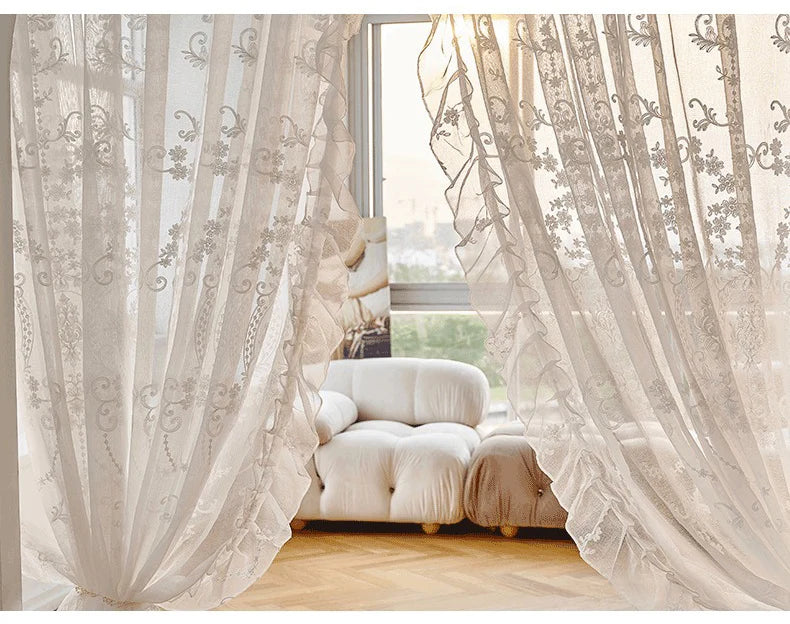 White Linen Sheer Embroidered Tulle Curtain for Girl Princess Bedroom French Romantic Ruffled Lace Voile Window Decoration Drape