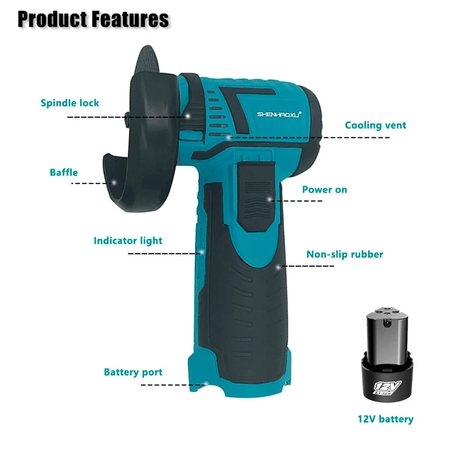 Super Cordless Angle Grinder 12V Mini Brushless Motor Rechargeable Lithium Battery Polishing Machine Diamond Cutting Power Tools