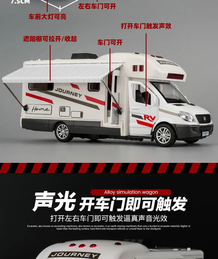 New 1:30 Alloy Luxury RV Caravan Car Model Metal Camper Van Motorhome Touring Car Vehicles Model Sound and Light Kids Toys Gifts